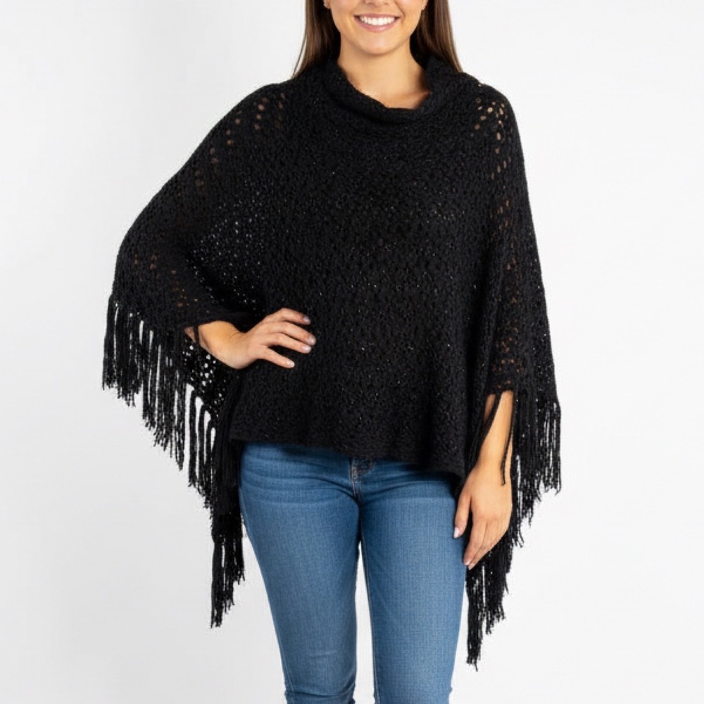 One Size Black Fringe Poncho Shawl Sequin Embellished Whimsigoth Dark‎ Fairy